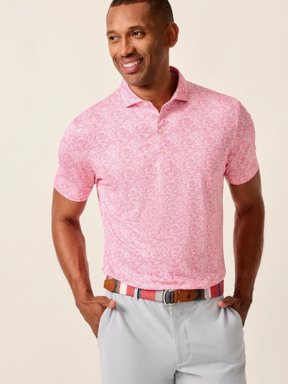 NWT Johnnie-O Wildflower Performance Polo Medium Azalea Pink Floral Golf Shirt
